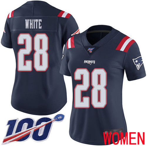 New England Patriots Football 28 100th Season Rush Limited Navy Blue Women James White NFL Jersey